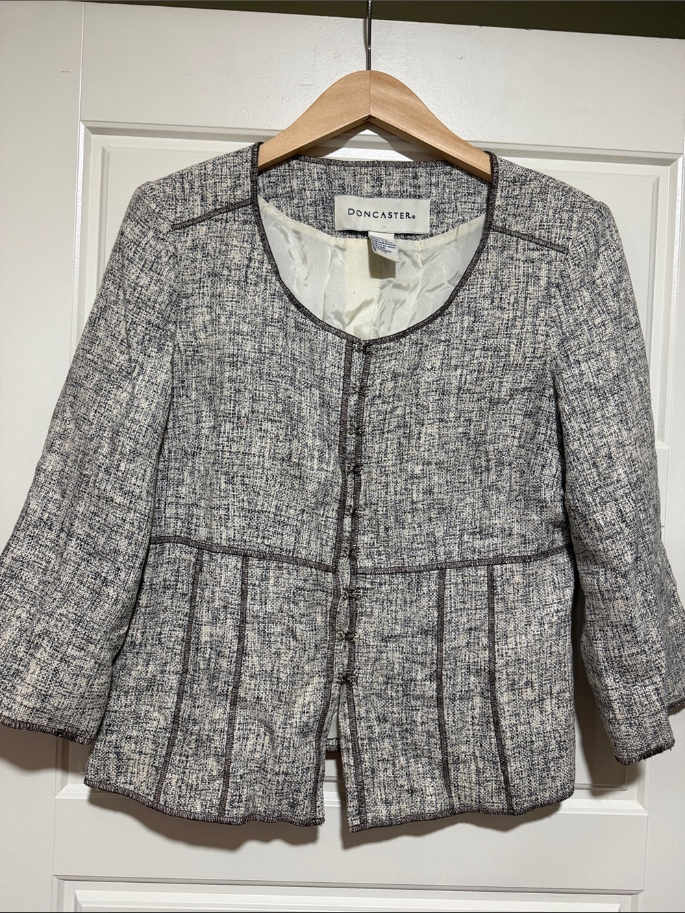 Doncaster Gray Tweed silk vintage Collarless Blazer with Dark Trim